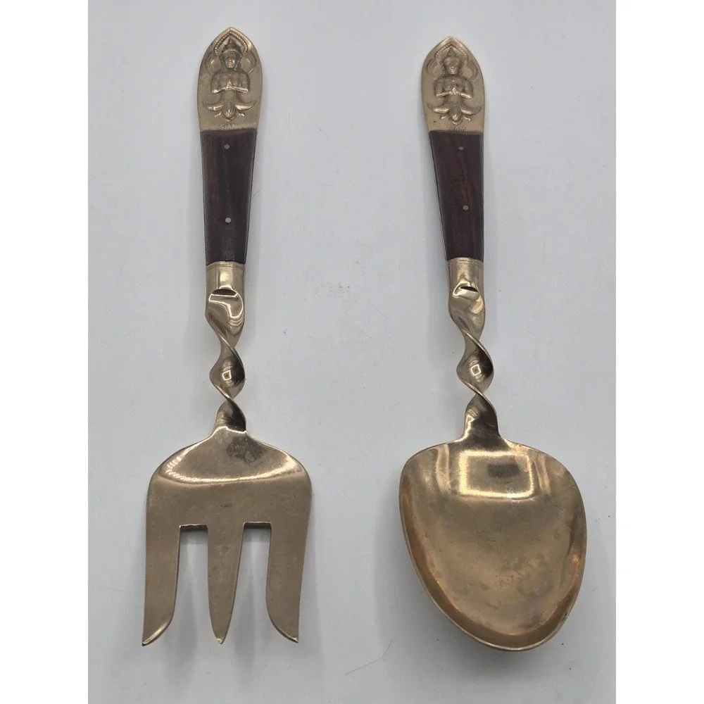 Teak Wood & Brass Spoon Fork Thailand Buddha‎ SIAM Vintage